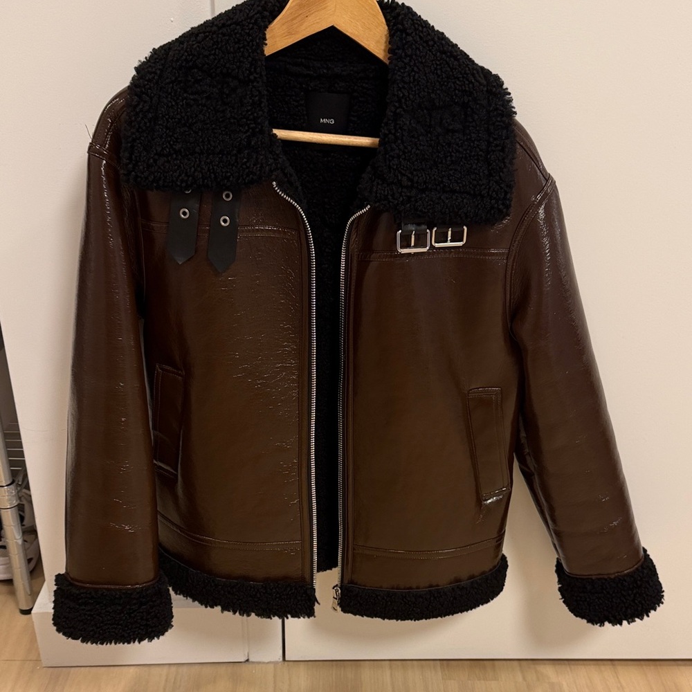 Mango Brown Leather Bomber Jacket with Black Trim